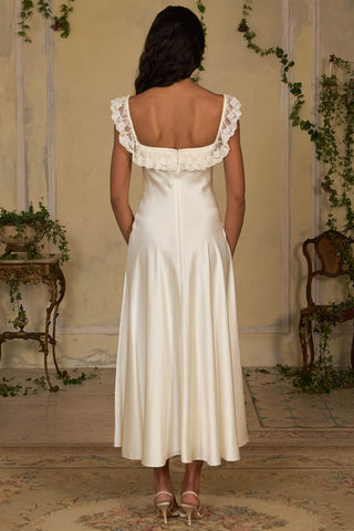 Lace Ruffle Off-Shoulder Satin Midi Dress