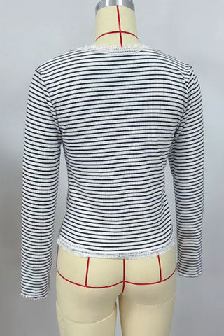 Striped Lace Trim V-Neck Blouse