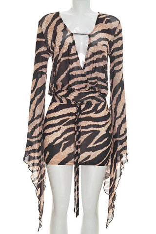 Zebra-Print Long Sleeve Wrap Mini Dress