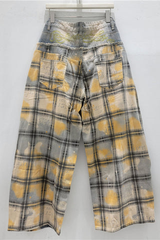 Distressed Plaid Wide Leg Jeans