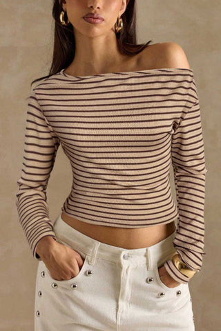 Striped One-Shoulder Ribbed Long Sleeve Top