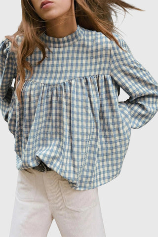 Plaid Mock Neck Puff Sleeve Blouse