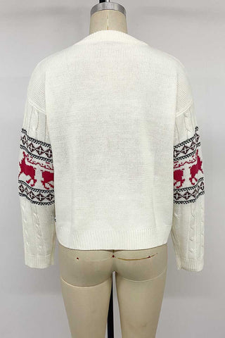 Reindeer Motif Crew Neck Cable Knit Sweater