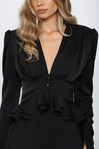 Puff Sleeve Deep V Neck Blouse