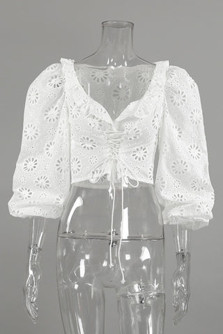 Lace Puff Sleeve Lace-Up Crop Top