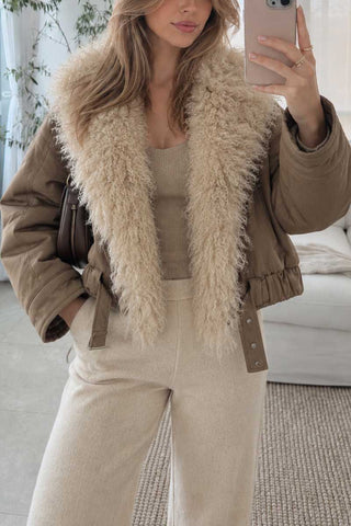 Curly Faux Fur Collar Zip-Up Coat