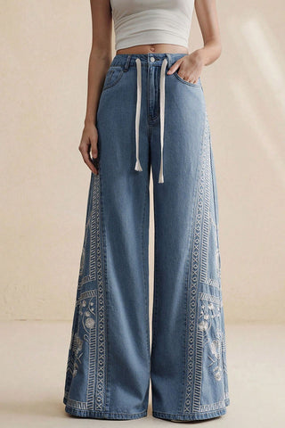 Embroidered Floral Wide Leg Jeans