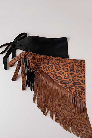 Leopard Print Fringe Tie-Waist Wrap Skirt