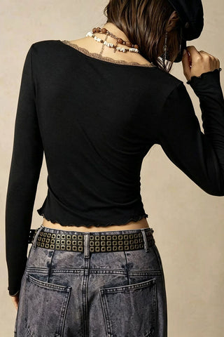 Lace Trim V-Neck Long Sleeve Top