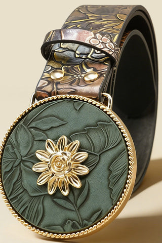 Embossed Floral Round Buckle Belt
