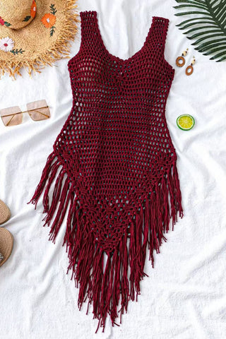 V-Neck Sleeveless Fringe Crochet Blouse
