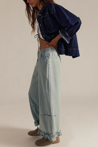 Ruffle Hem Wide-Leg Baggy Jeans