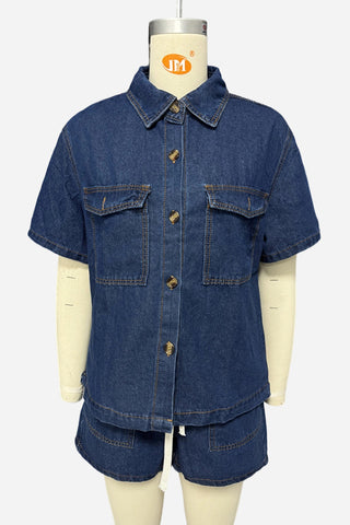 Pocket Button-Front Denim Short Set