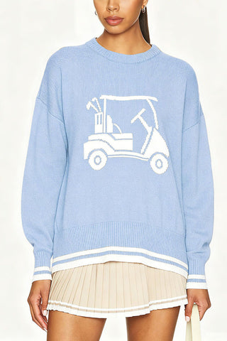 Golf Cart Graphic Ribbed Trim Sweater