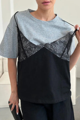 Lace-Overlay Layered T-Shirt