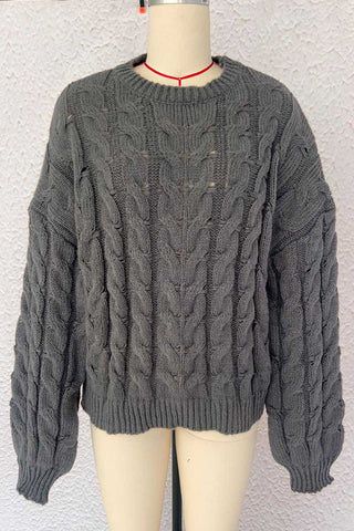 Cable Knit Crew Neck Balloon Sleeve Sweater
