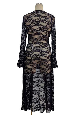 Sheer Lace Front Tie Bell Sleeve Blouse