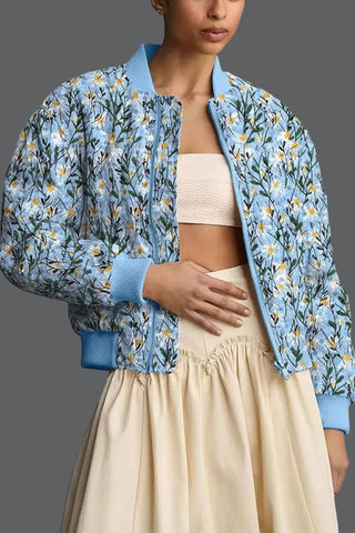 Floral Print Ribbed Trim Zip-Up Bomber Coat