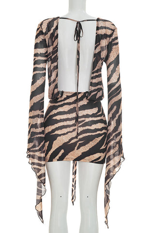 Zebra-Print Long Sleeve Wrap Mini Dress