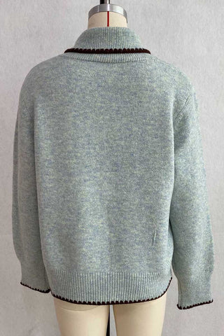 Scallop Trim Mock Neck Button Cardigan