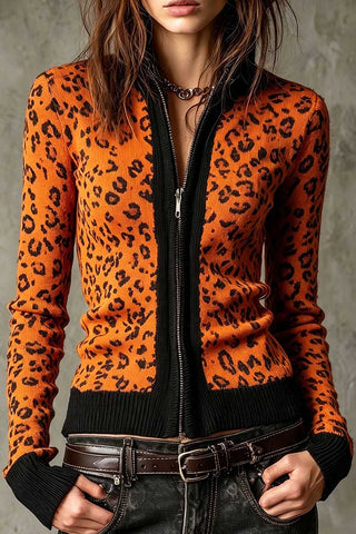 Leopard Print Zip-Up Knit Jacket