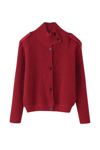 Ribbed Knit Button-Front Mock Neck Cardigan