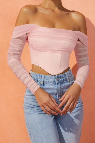 Sheer Sleeve Off-Shoulder Crop Blouse