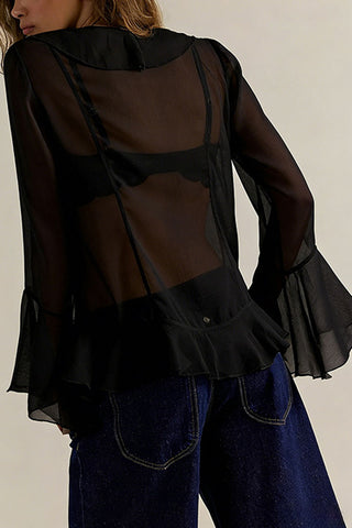Sheer Ruffle V-Neck Bell Sleeve Blouse