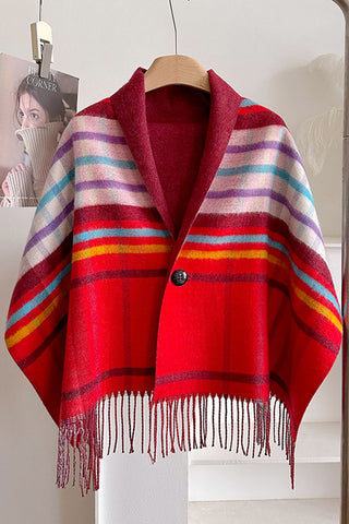 Plaid Fringed Wrap Poncho Scarf