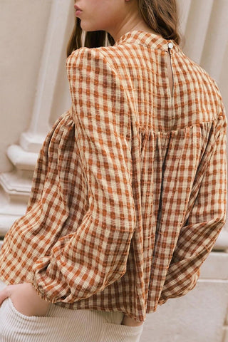 Plaid Mock Neck Puff Sleeve Blouse