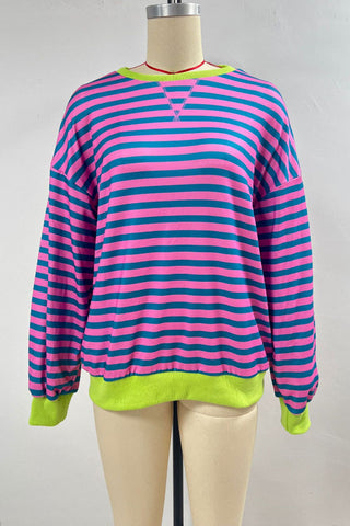 Striped Crew Neck Contrast Trim Top