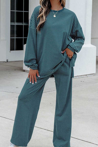 Striped Crew Neck Wide-Leg Pants Set
