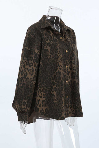 Leopard Print Button-Front Long Sleeve Shirt