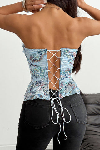 Ruffle Trim Paisley Lace-Up Corset Top