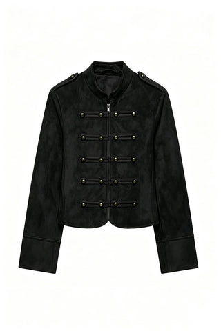 Military Button Mock Neck Cropped Jacket
