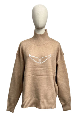 Wing Motif Mock Neck Knit Sweater