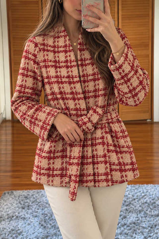 Plaid Tie-Waist Long Sleeve Coat