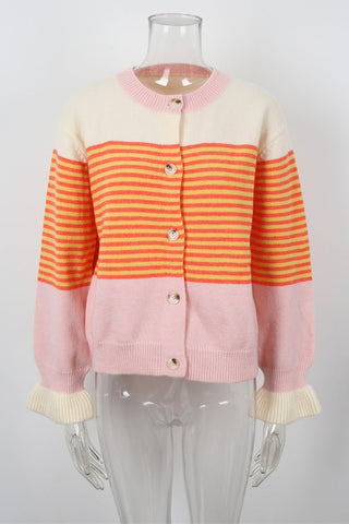 Striped Colorblock Button-Front Knit Cardigan
