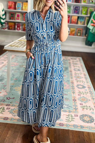 Patterned Button-Front Smocked Midi Dress