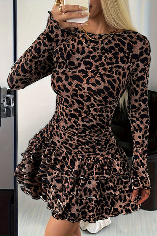 Leopard Print Ruffle Long Sleeve Mini Dress