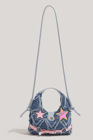 Star Patch Frayed Denim Hobo Bag