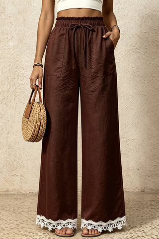 Ruffle Waist Lace-Trim Wide-Leg Pants
