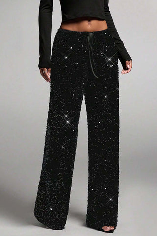 Sequin Drawstring Wide-Leg Casual Pants