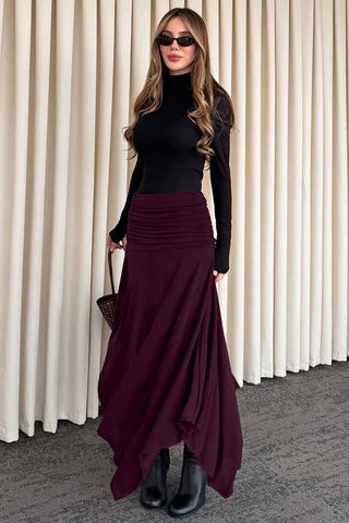 Ruched High-Waist Asymmetrical Midi Skirt