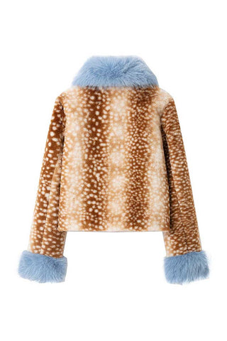 Faux Fur Collar Spot Print Button Jacket