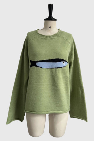 Fish Graphic Crew Neck Knit Sweater