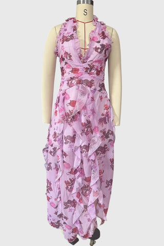 Floral Halter Ruched Ruffle Maxi Dress