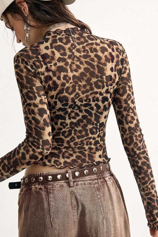 Ruffle Mock Neck Leopard Long Sleeve Top