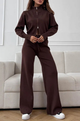 Zip-Front Mock Neck Knit Pants Set