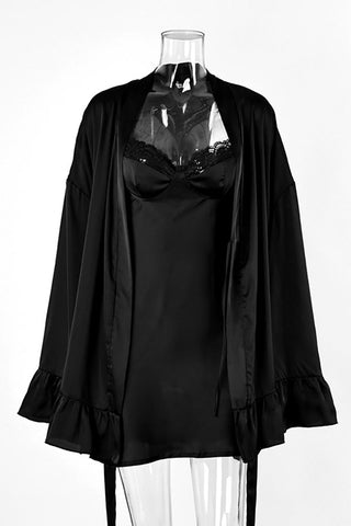 Lace Trim Satin Slip and Robe Loungewear Set